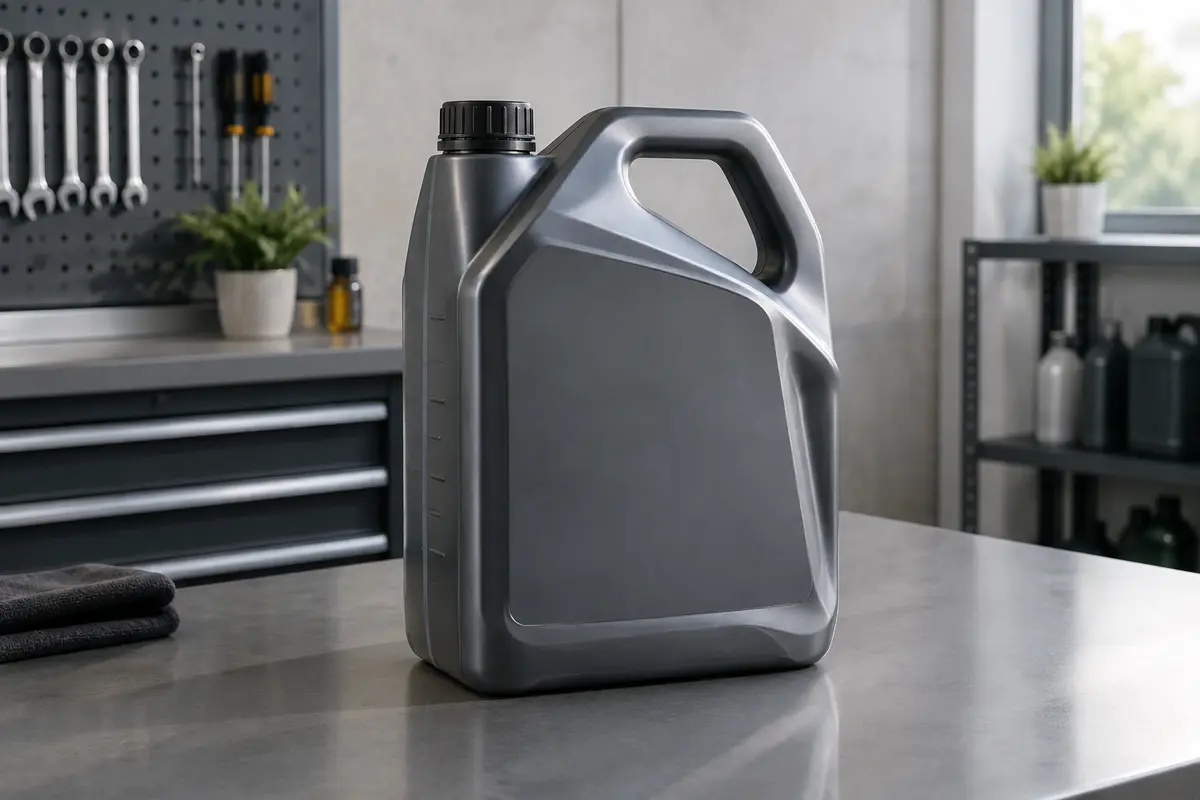 Bidon de 5 litres d’huile moteur posé sur un établi gris dans un atelier propre