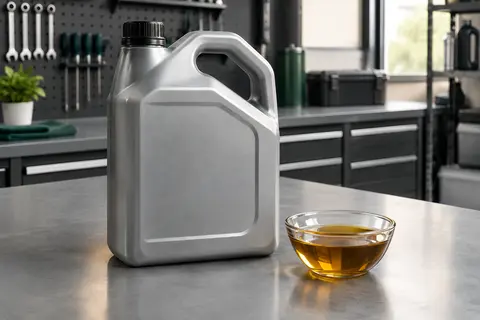 Bidon d’huile moteur posé sur un établi gris, accompagné d’un échantillon d’huile brun jaune.