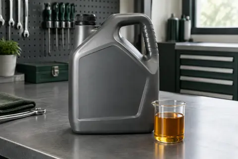 Bidon neutre de 5 litres d’huile moteur ambrée posé sur un établi dans un atelier automobile