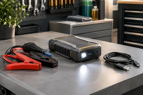 Booster de démarrage Maxtools JS500 avec ses câbles, sa lampe LED et son port USB sur un établi