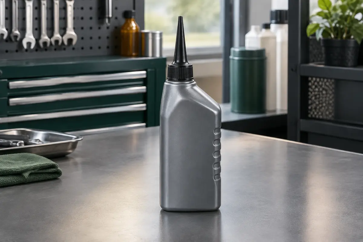 Flacon compact d’additif pour huile moteur avec bec verseur posé sur un établi d’atelier