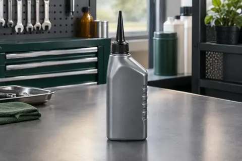 Flacon compact d’additif pour huile moteur avec bec verseur posé sur un établi d’atelier