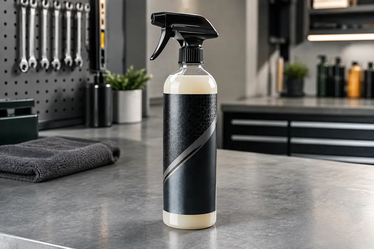 Flacon pulvérisateur de cire hybride céramique Meguiar’s posé sur un établi d’atelier propre.