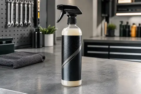 Flacon pulvérisateur de cire hybride céramique Meguiar’s posé sur un établi d’atelier propre.