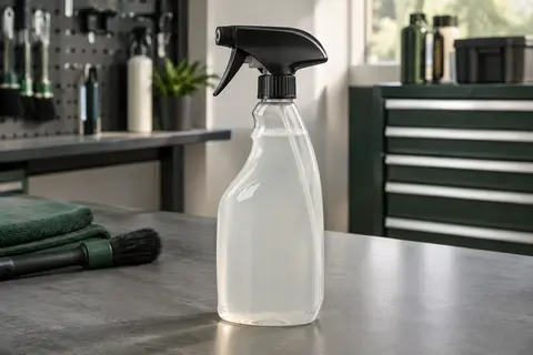 Flacon pulvérisateur de détachant pour tissus et moquettes posé sur un établi d’atelier automobile