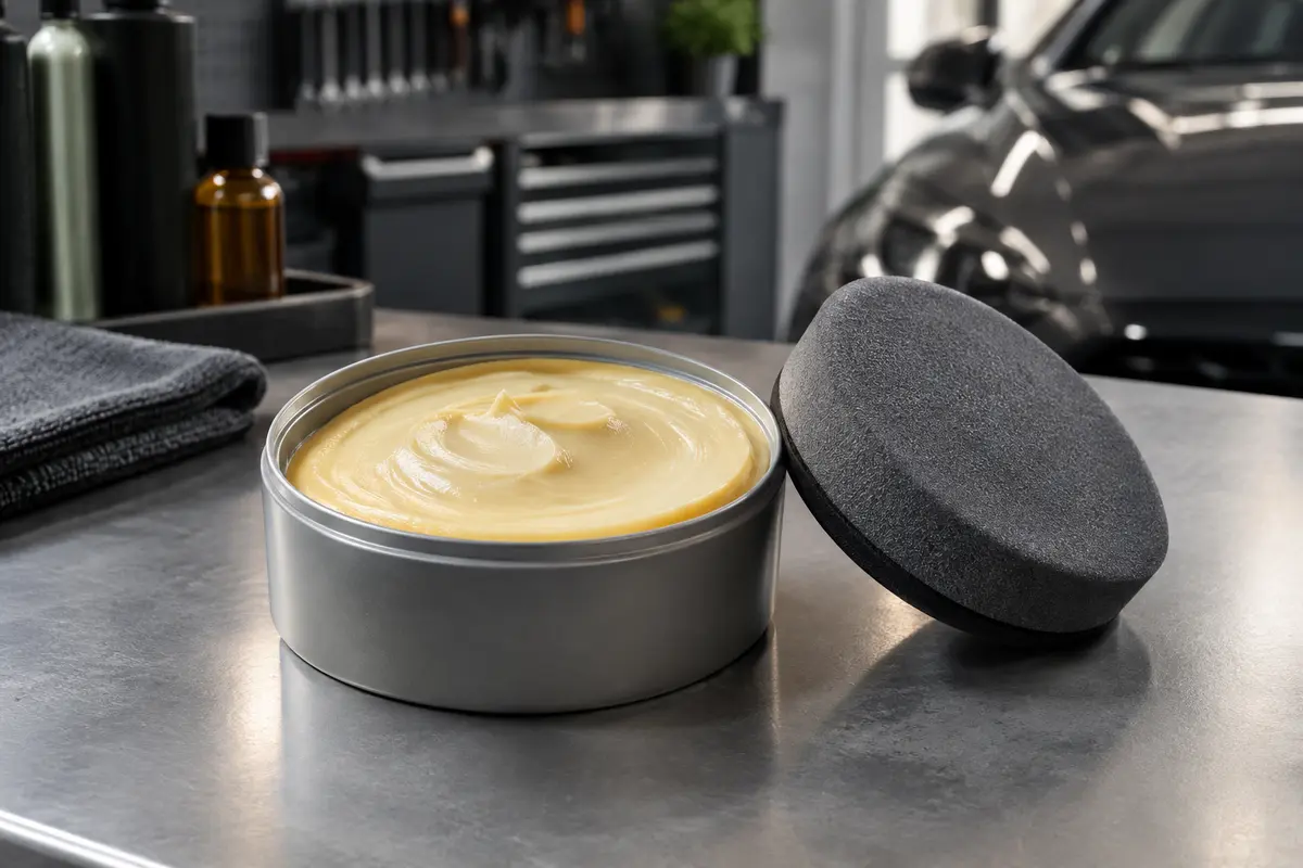 Cire automobile en pâte avec tampon applicateur en mousse sur un établi d’atelier propre