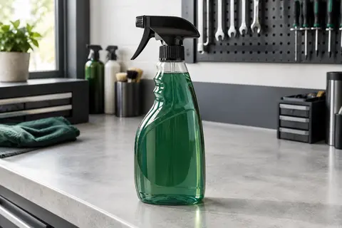 Flacon pulvérisateur de nettoyant intérieur automobile posé sur un établi gris dans un atelier propre