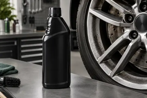 Nettoyant jantes Meguiar’s en gel noir posé près d’une roue en aluminium dans un atelier propre.