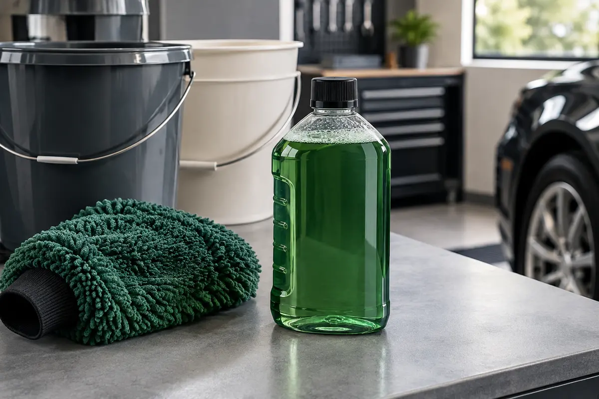 Bidon de shampooing auto liquide posé sur un établi gris, avec un gant de lavage et deux seaux à proximité.