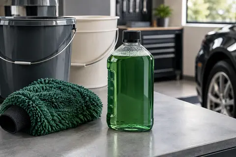 Bidon de shampooing auto liquide posé sur un établi gris, avec un gant de lavage et deux seaux à proximité.