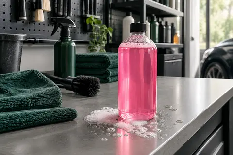 Flacon de shampooing auto rose bonbon posé sur un établi gris dans un atelier propre