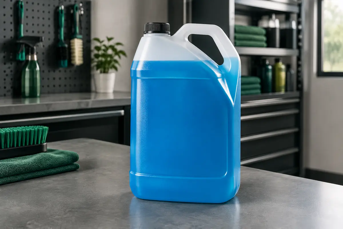Bidon de shampoing auto liquide bleu posé sur un établi gris dans un atelier de lavage propre