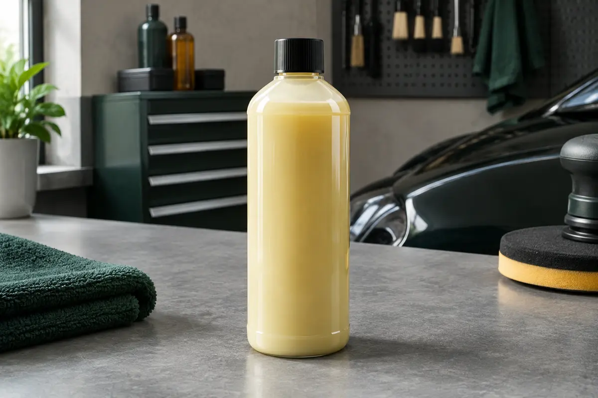 Contenant de cire liquide automobile posé sur un établi gris dans un atelier d’entretien propre