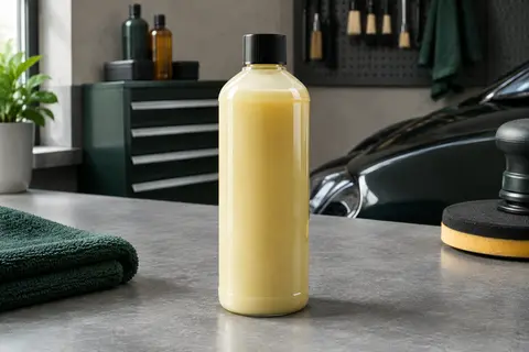 Contenant de cire liquide automobile posé sur un établi gris dans un atelier d’entretien propre