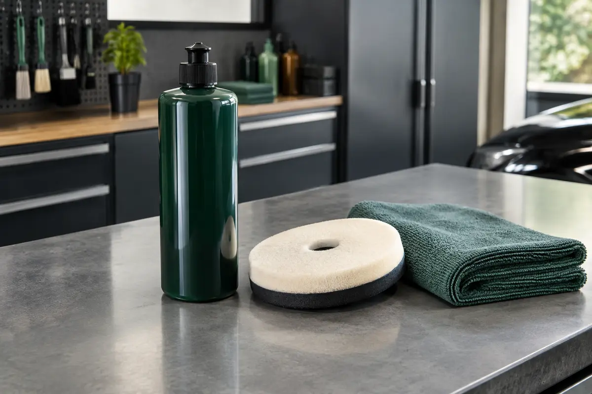 Flacon de rénovateur de peinture automobile posé sur un établi avec un tampon de polissage et une microfibre