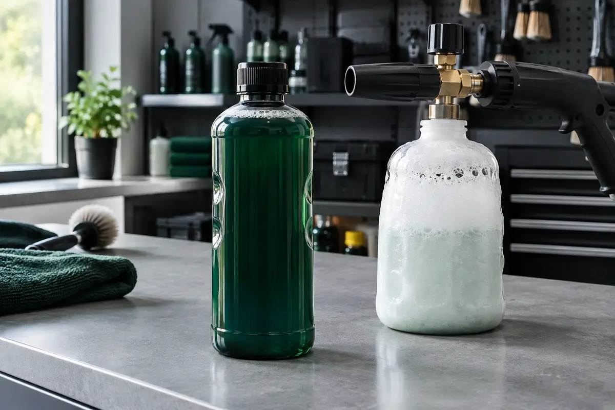 Flacon de shampooing pour canon à mousse posé sur un établi gris dans un atelier de lavage automobile