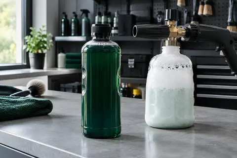 Flacon de shampooing pour canon à mousse posé sur un établi gris dans un atelier de lavage automobile