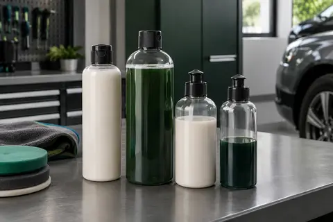 Quatre flacons de polissage pour carrosserie alignés sur un établi gris dans un atelier propre