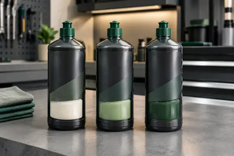 Trois pâtes de polissage automobile présentées sur un établi gris dans un atelier propre et organisé.