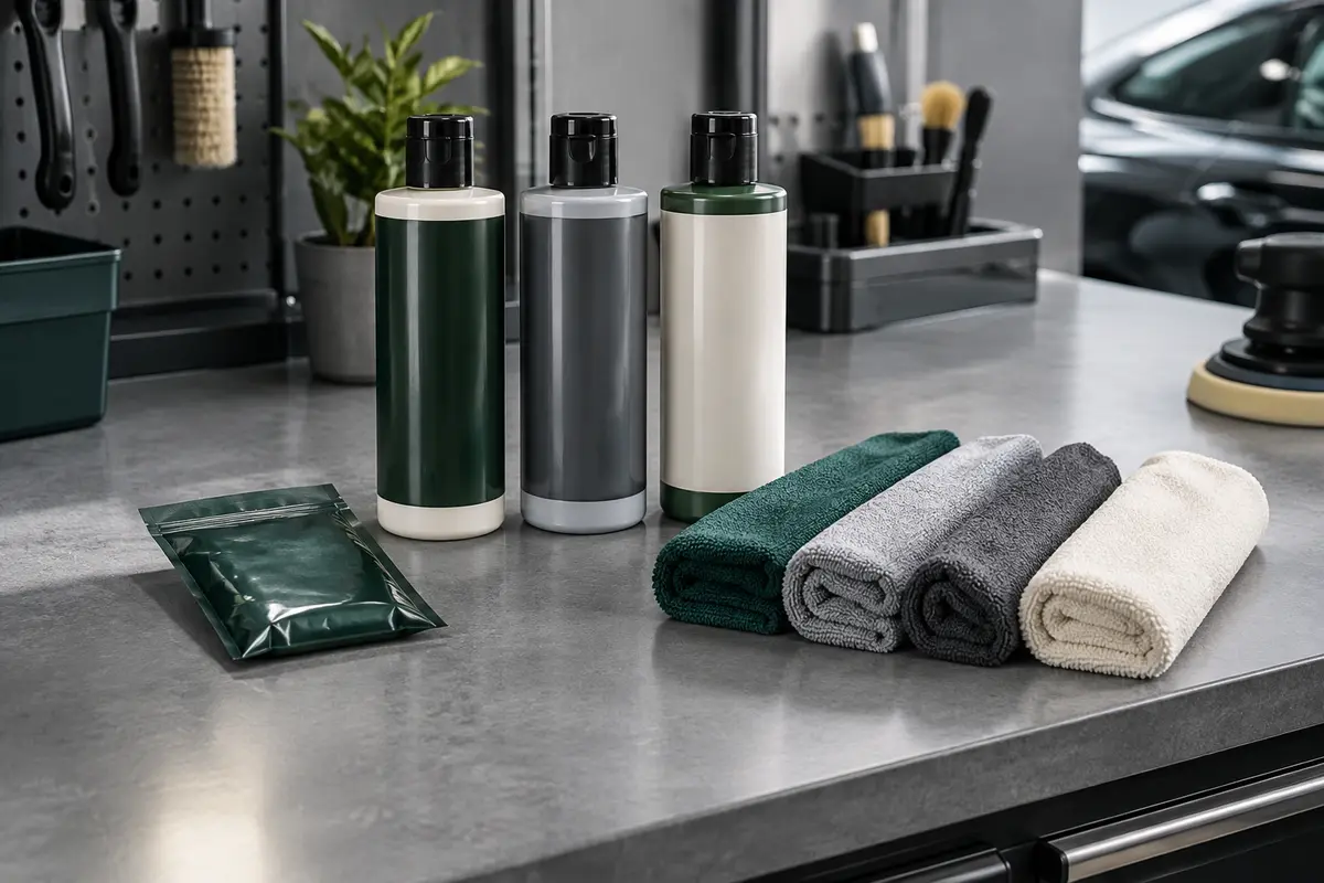 Kit de polish carrosserie avec trois produits, un sachet de protection et quatre chiffons microfibre