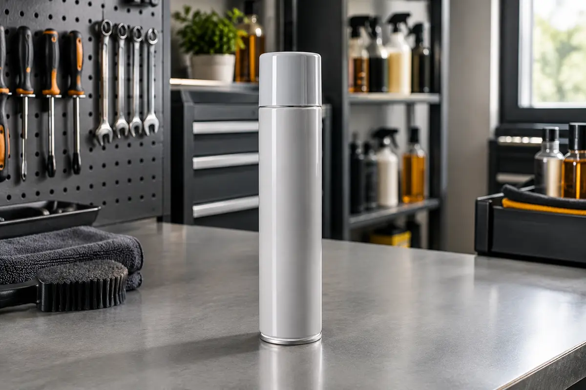 Aérosol de nettoyant brillant pour plastiques intérieurs posé sur un établi gris clair
