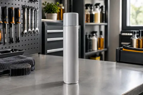 Aérosol de nettoyant brillant pour plastiques intérieurs posé sur un établi gris clair