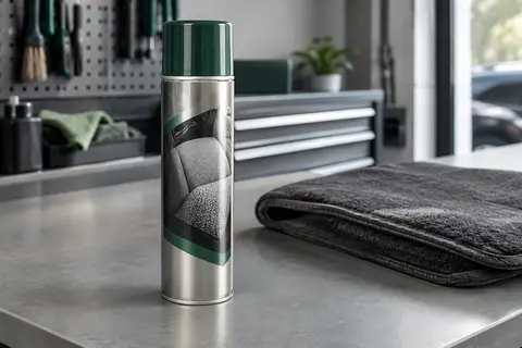 Aérosol en acier de nettoyant textile automobile posé sur un établi gris près d’un tapis de voiture