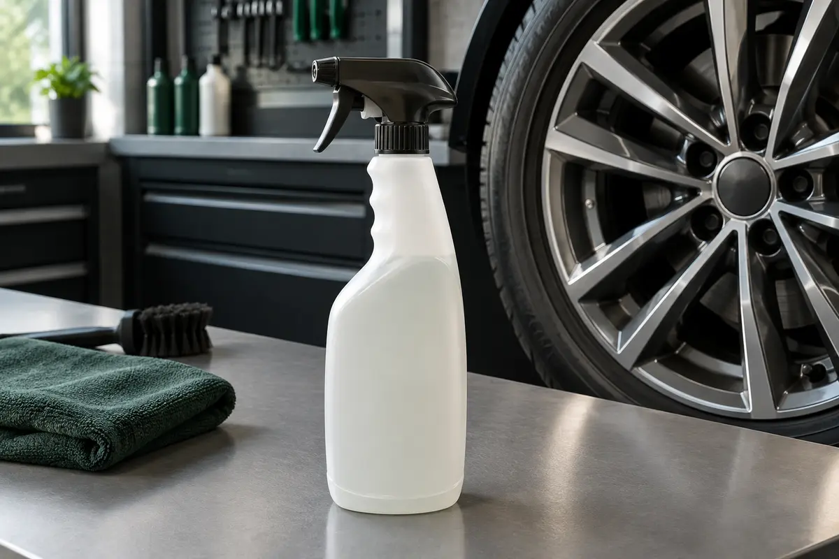 Flacon pulvérisateur de nettoyant pour jantes posé près d’une roue dans un atelier automobile propre