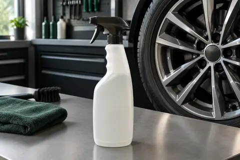 Flacon pulvérisateur de nettoyant pour jantes posé près d’une roue dans un atelier automobile propre