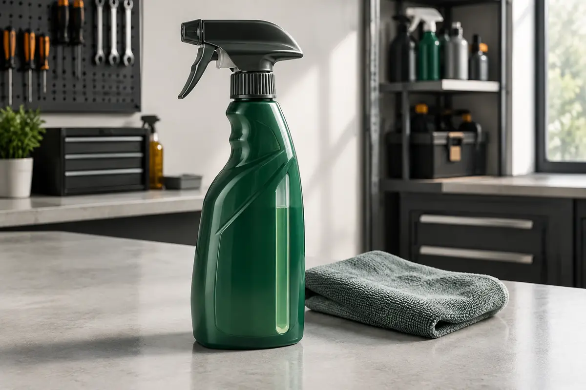 Flacon spray vert de nettoyant pour plastiques automobiles posé sur un établi gris clair