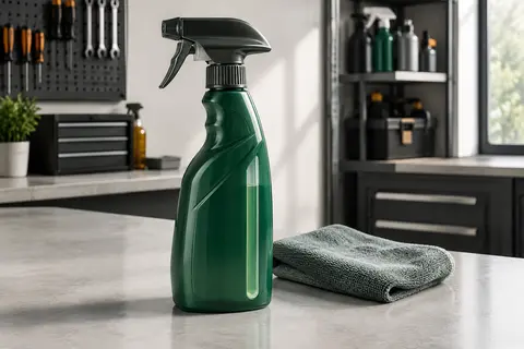 Flacon spray vert de nettoyant pour plastiques automobiles posé sur un établi gris clair