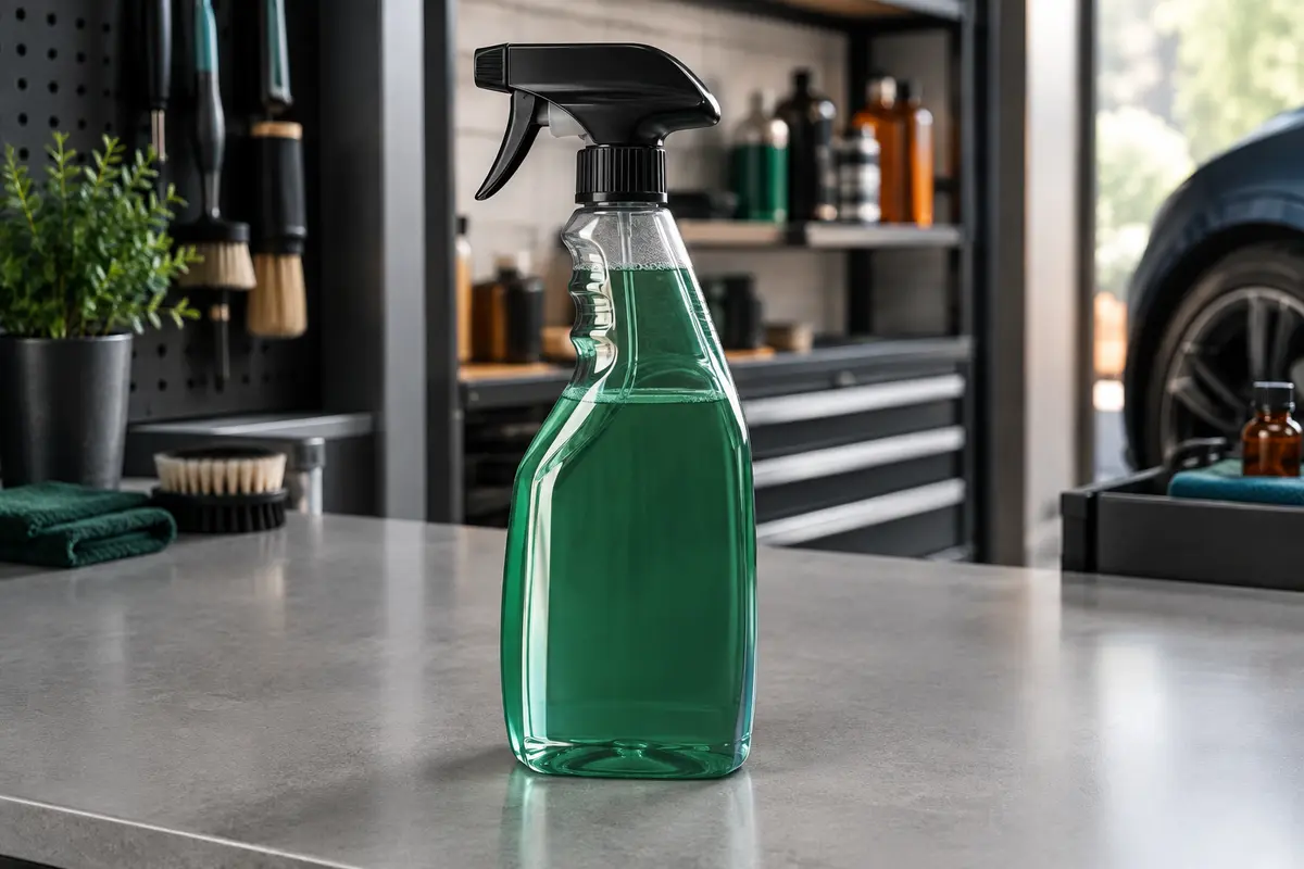Flacon spray de nettoyant textile automobile posé sur un établi gris dans un atelier propre