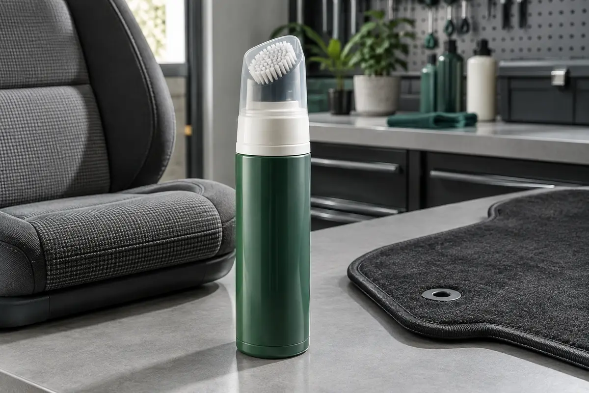 Nettoyant textile automobile avec brosse intégrée posé sur un établi clair dans un atelier propre.