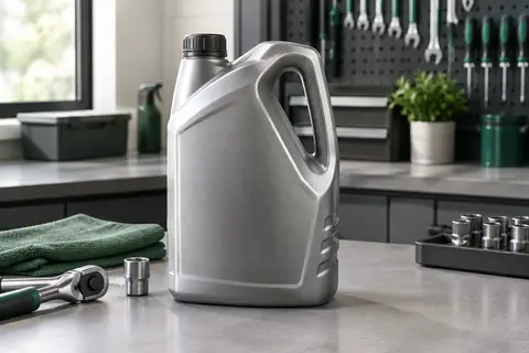 Contenant argenté d’huile moteur 5W-40 posé sur un établi propre dans un atelier automobile