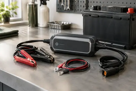 Chargeur compact Motopower avec câbles et pinces posé près d’une batterie sur un établi d’atelier