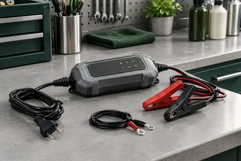 Chargeur gris avec câbles, pinces et raccord SAE posé sur un établi d’atelier automobile.