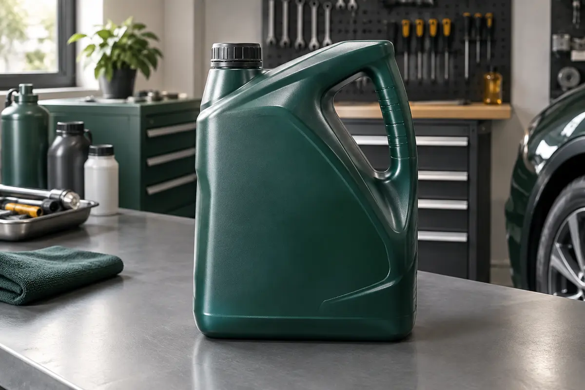 Bidon de 5 litres d’huile moteur posé sur un établi dans un atelier automobile propre