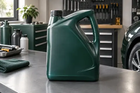 Bidon de 5 litres d’huile moteur posé sur un établi dans un atelier automobile propre