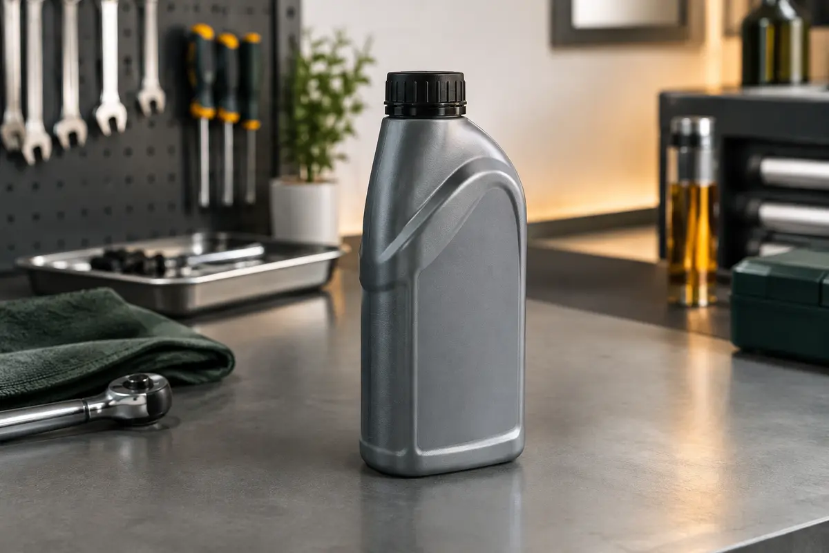 Flacon de liquide de frein DOT 5.1 de 500 ml posé sur un établi propre dans un atelier automobile.