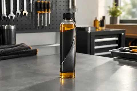 Flacon compact d’additif nettoyant moteur Motul posé sur un établi gris dans un atelier automobile