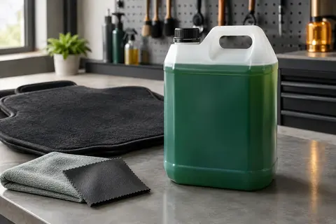 Bidon de nettoyant concentré pour textiles auto posé sur un établi gris dans un atelier ordonné