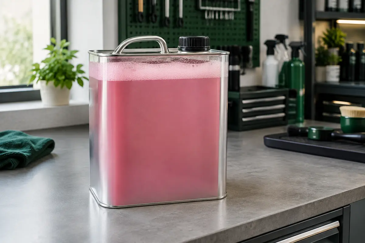 Récipient métallique de mousse de prélavage rose de 5 litres posé sur un établi gris d’atelier.
