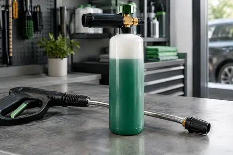 Flacon d’un litre de mousse de prélavage automobile posé sur un établi dans un atelier propre.