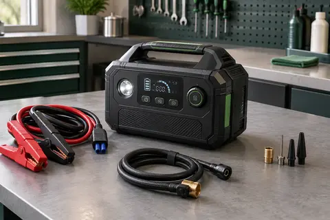 Booster de batterie Nackeo noir avec écran LCD, lampe intégrée, câbles et tuyau de gonflage.