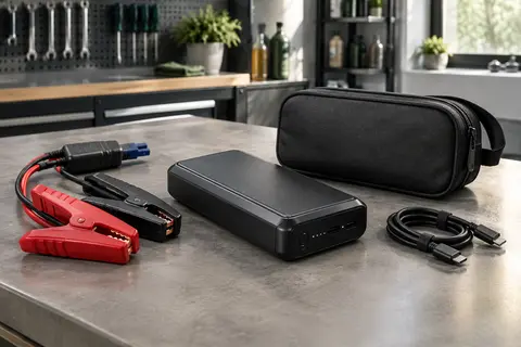 Booster de batterie Nackeo noir accompagné de ses pinces, du câble USB-C et du sac de transport