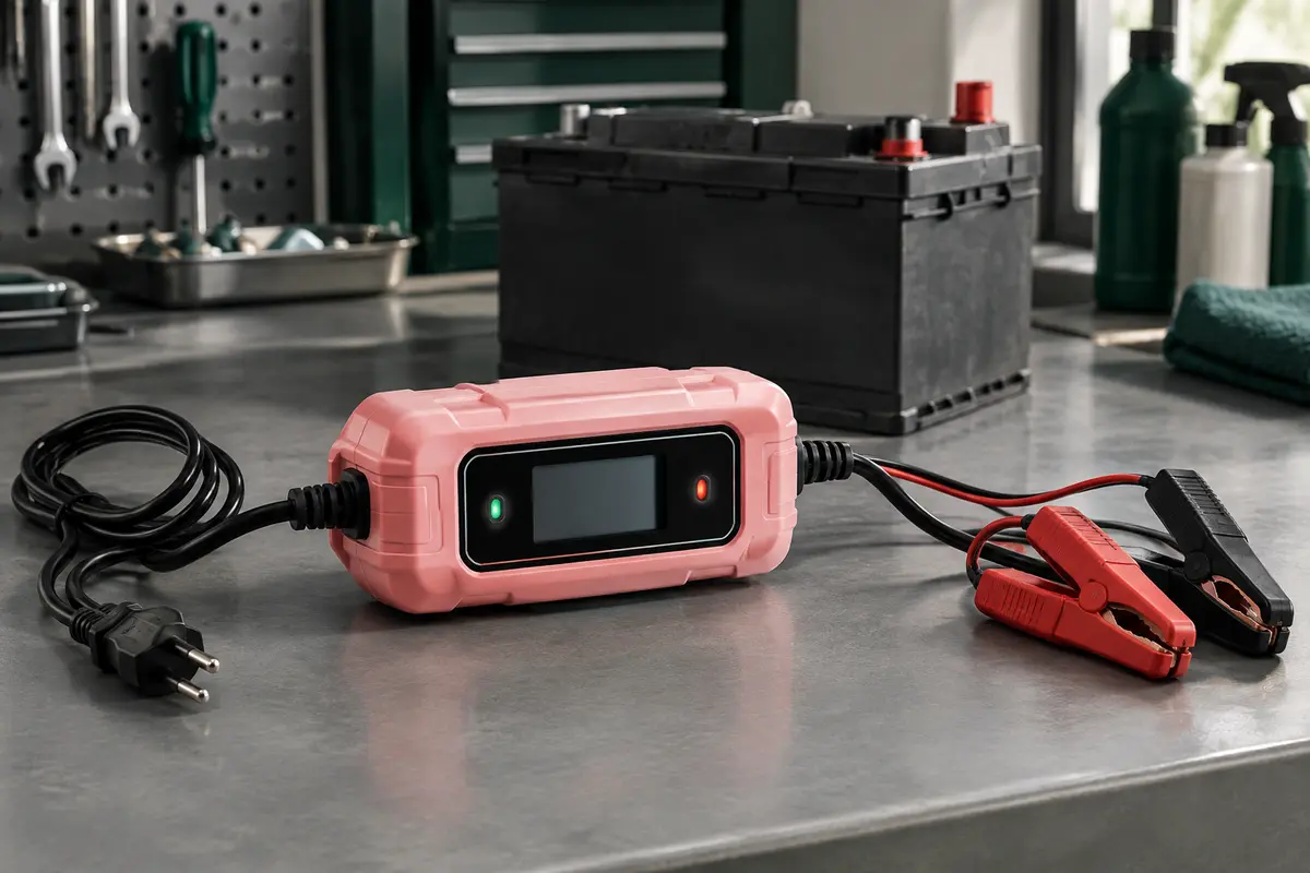 Chargeur de batterie rose avec écran LED posé sur un établi dans un atelier automobile propre.
