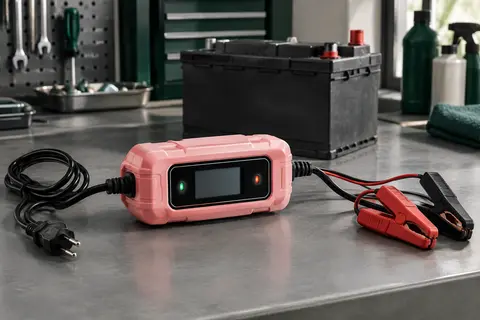 Chargeur de batterie rose avec écran LED posé sur un établi dans un atelier automobile propre.