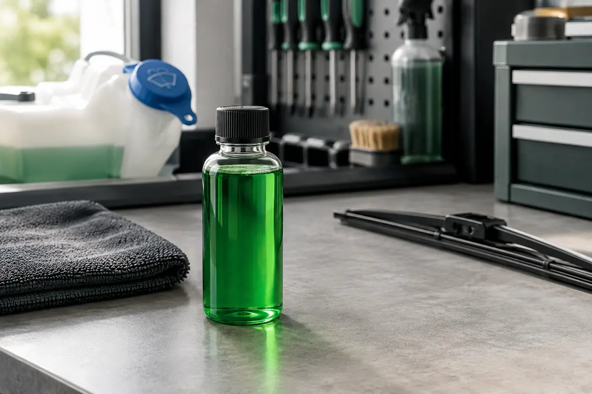 Flacon de nettoyant concentré vert pour pare-brise posé sur un établi d’atelier automobile.