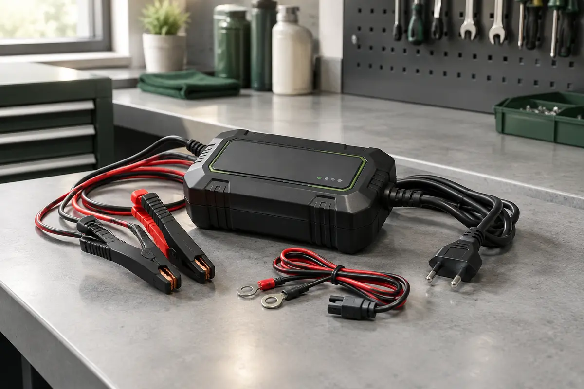Chargeur de batterie noir accompagné de câbles et de pinces sur un établi d’atelier automobile