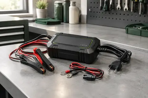 Chargeur de batterie noir accompagné de câbles et de pinces sur un établi d’atelier automobile